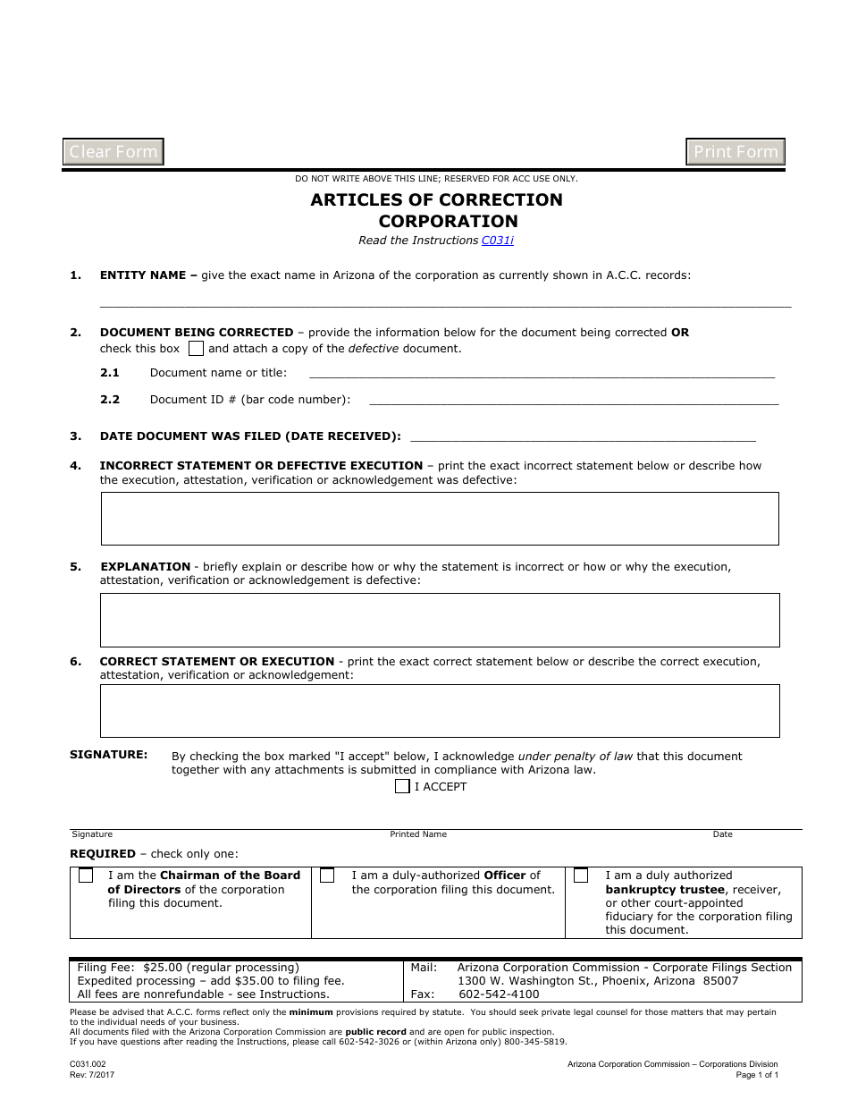 Form C031.002 Articles of Correction Corporation - Arizona, Page 1