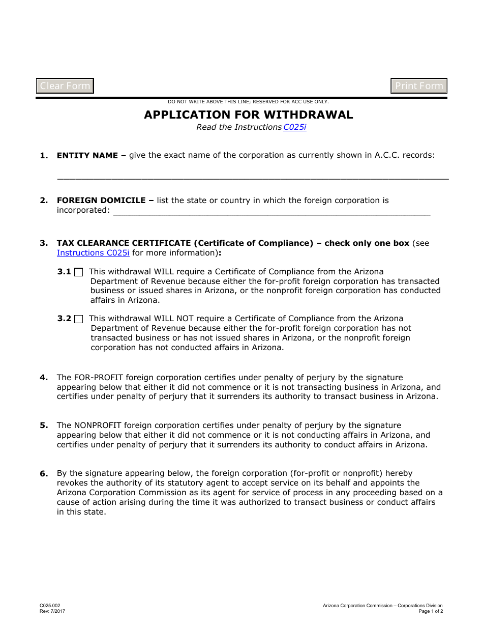 Form C025.002 Application for Withdrawal - Arizona, Page 1