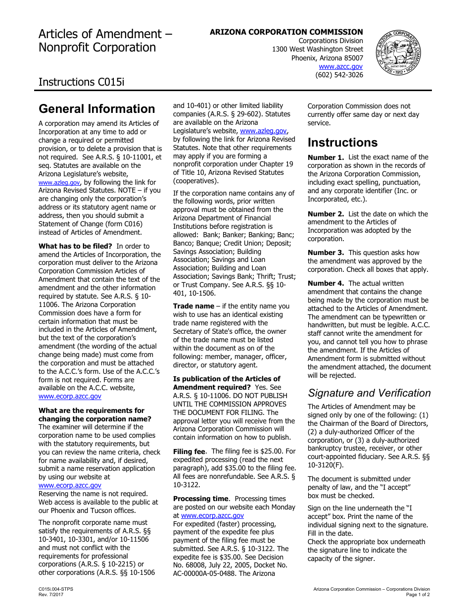 Instructions for Form C015 Articles of Amendment - Nonprofit Corporation - Arizona, Page 1