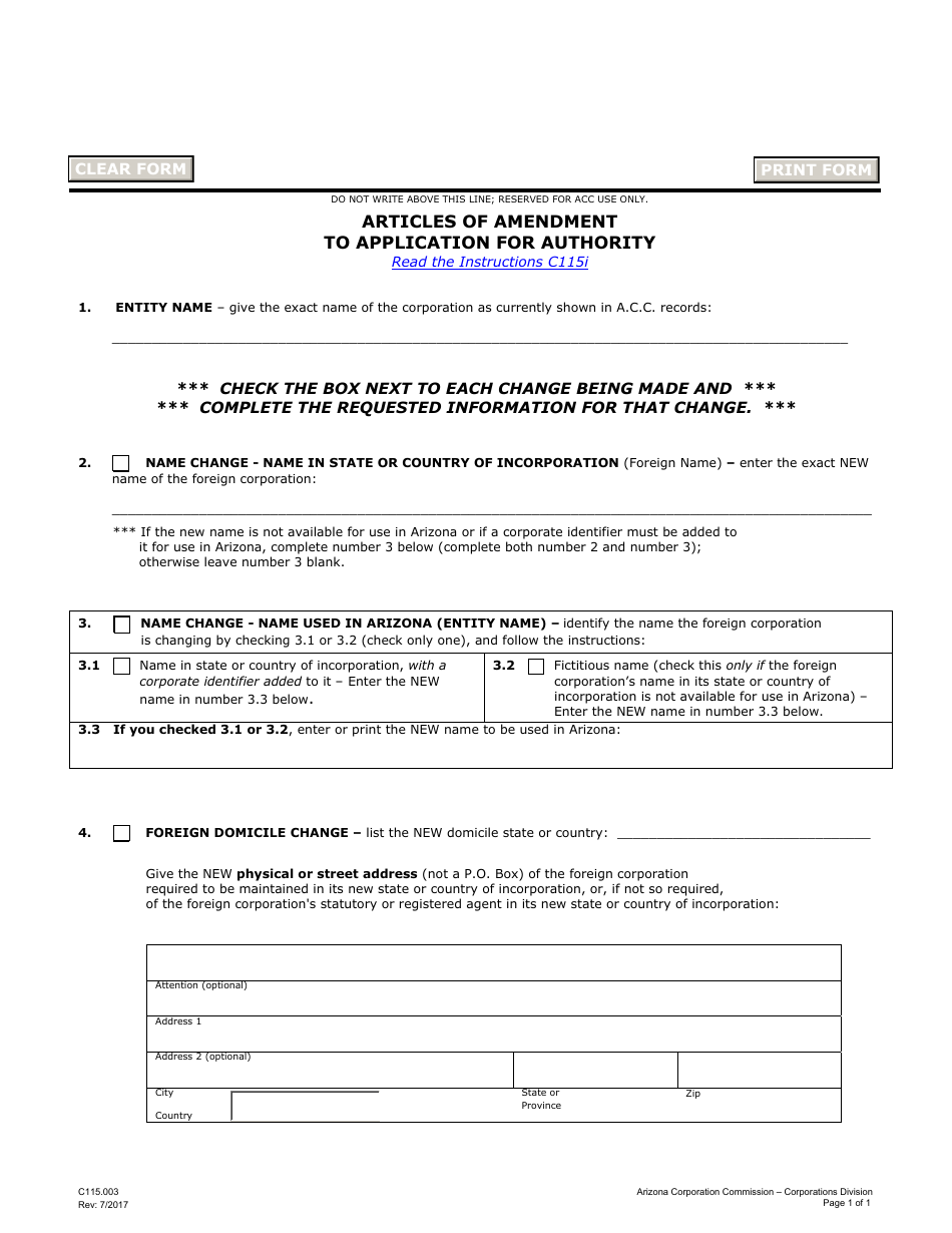 Form C115.003 Articles of Amendment to Application for Authority - Arizona, Page 1