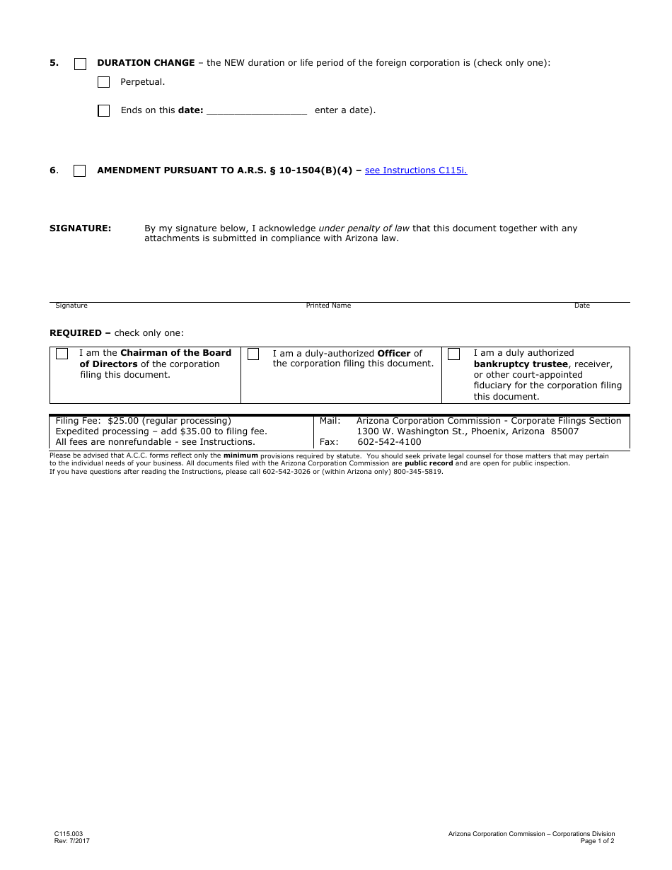 Form C115.003 Articles of Amendment to Application for Authority - Arizona, Page 2