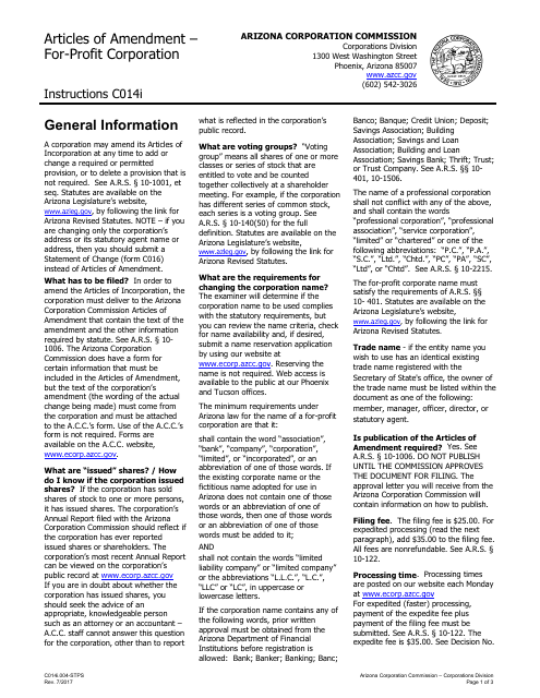 Instructions for Form C014 Articles of Amendment - for-Profit Corporation - Arizona