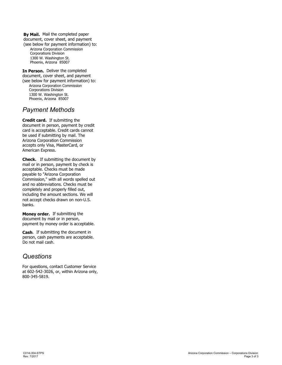 Instructions for Form C014 Articles of Amendment - for-Profit Corporation - Arizona, Page 3