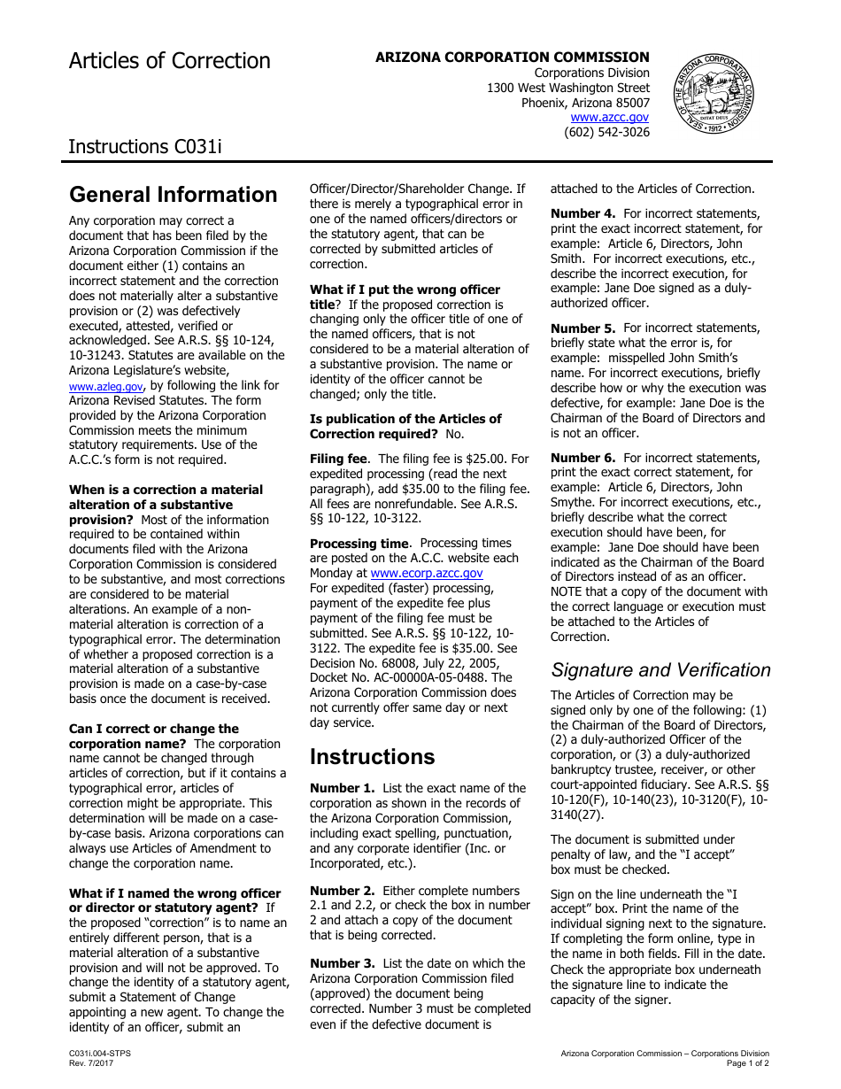 Instructions for Form C031 Articles of Correction - Arizona, Page 1