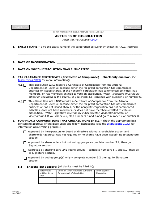 Form C022.002 Articles of Dissolution - Arizona