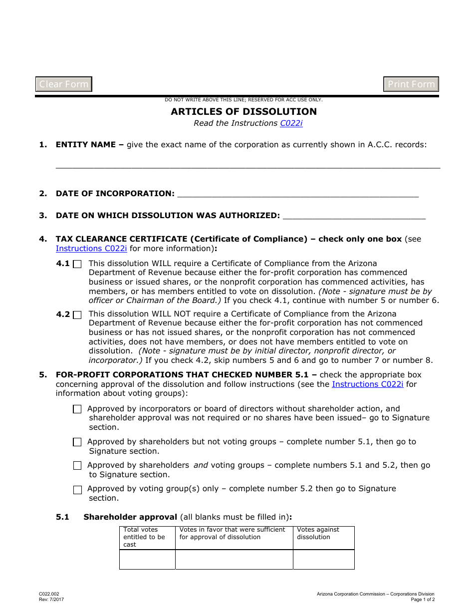 Form C022.002 Articles of Dissolution - Arizona, Page 1