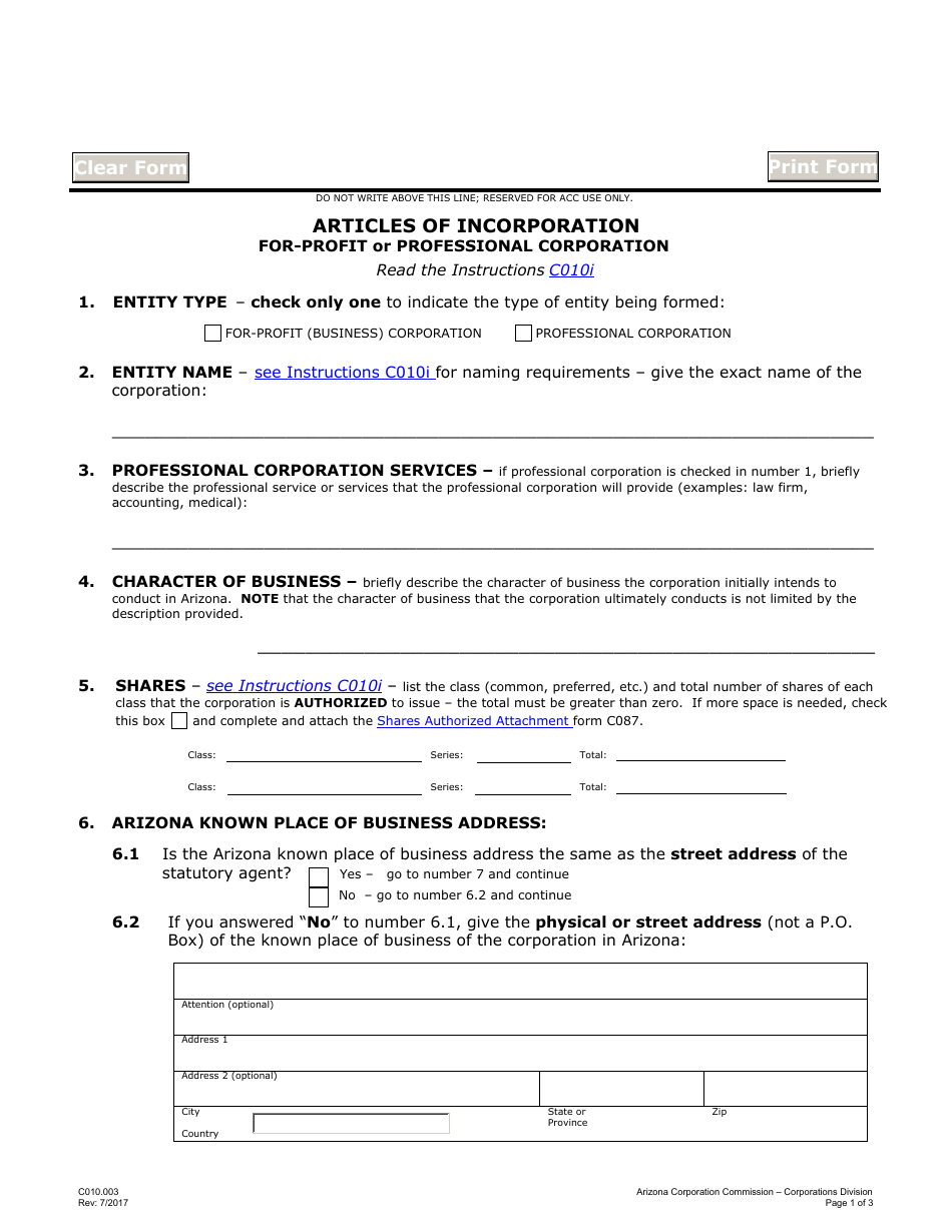 Form C010.003 Articles of Incorporation for-Profit or Professional Corporation - Arizona, Page 1