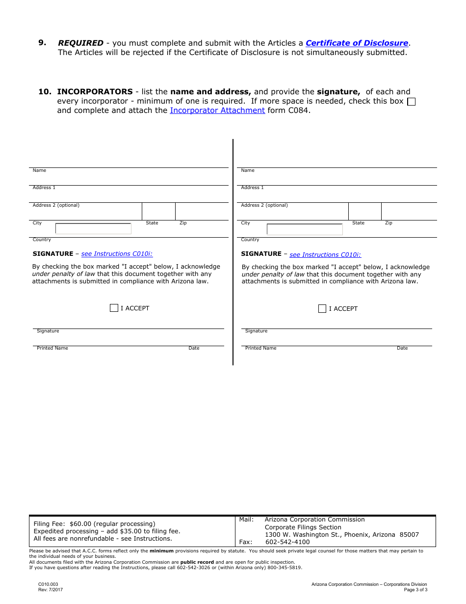 Form C010.003 Articles of Incorporation for-Profit or Professional Corporation - Arizona, Page 3
