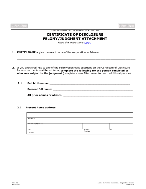Form C004.002 Certificate of Disclosure Felony/Judgment Attachment - Arizona