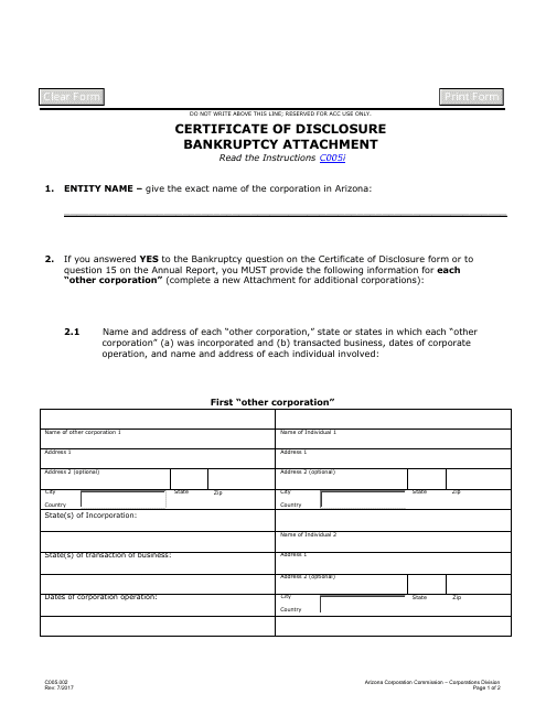 Form C005.002 Certificate of Disclosure Bankruptcy Attachment - Arizona