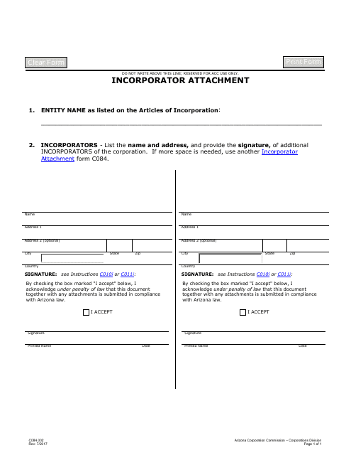 Form C084.002 Incorporator Attachment - Arizona