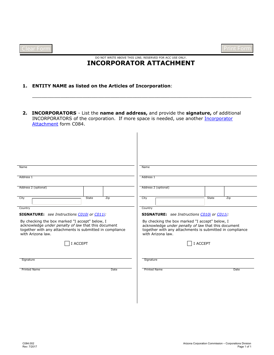 Form C084.002 Incorporator Attachment - Arizona, Page 1
