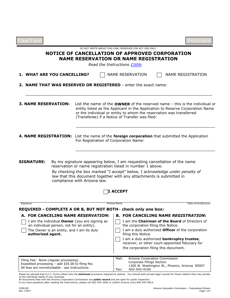 Form C009.002 Notice of Cancellation of Approved Corporation Name Reservation or Name Registration - Arizona, Page 1
