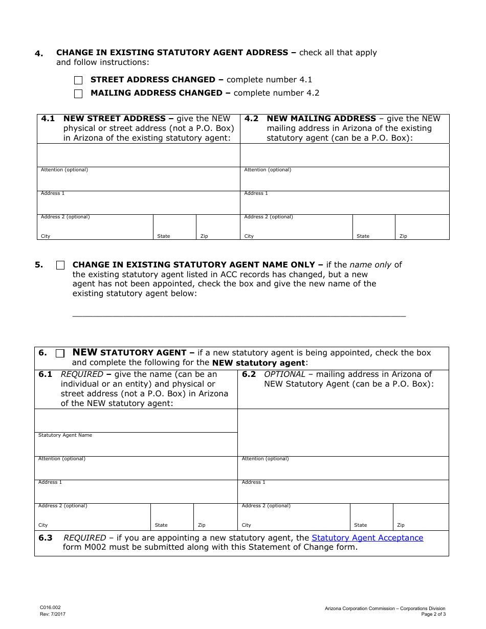 Form C016.002 Corporation Statement of Change of Known Place of Business Address, Principal Office Address, or Statutory Agent - Arizona, Page 2