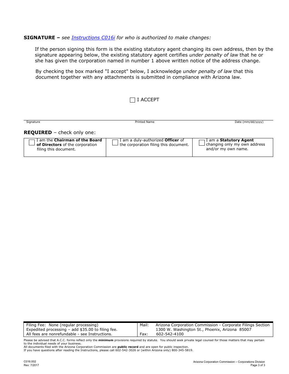 Form C016.002 Corporation Statement of Change of Known Place of Business Address, Principal Office Address, or Statutory Agent - Arizona, Page 3