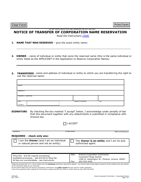 Form C008.002 Notice of Transfer of Corporation Name Reservation - Arizona