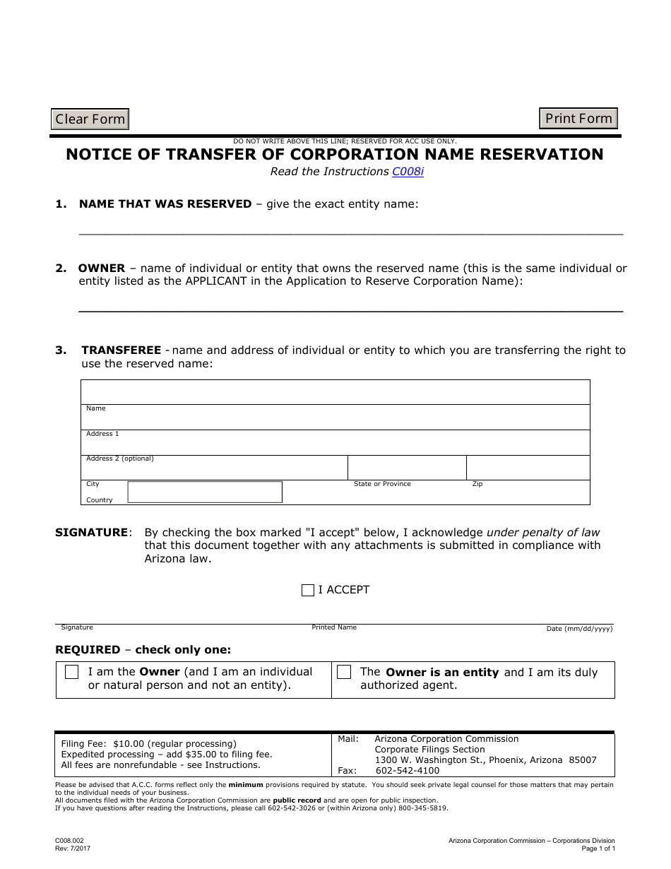 Form C008.002 Notice of Transfer of Corporation Name Reservation - Arizona, Page 1