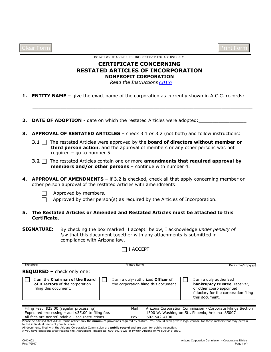 Form C013 Certificate Concerning Restated Articles of Incorporation Nonprofit Corporation - Arizona, Page 1