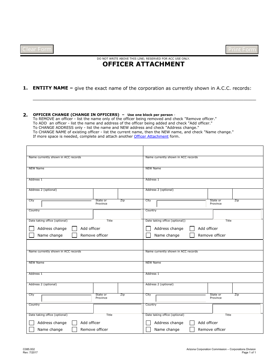 Form C085.002 Officer Attachment - Arizona, Page 1