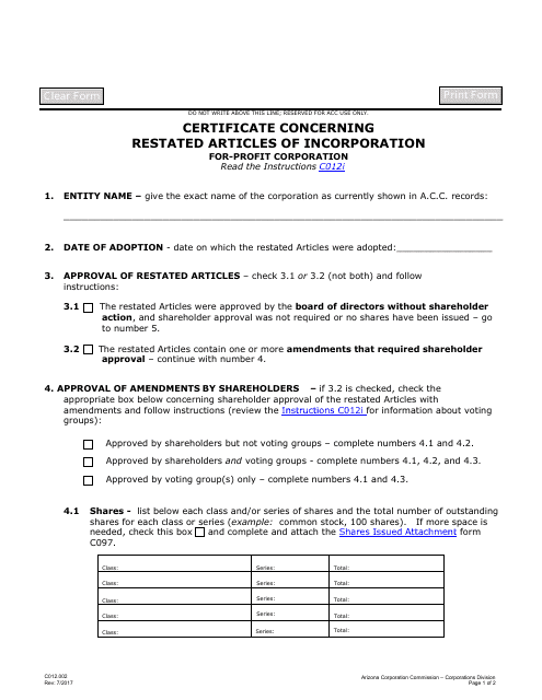 Form C012.002 Certificate Concerning Restated Articles of Incorporation for-Profit Corporation - Arizona