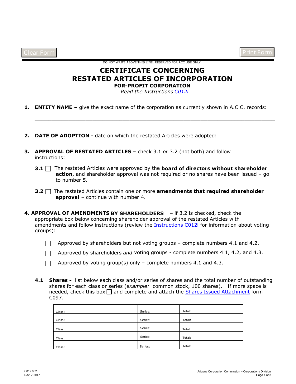 Form C012.002 Certificate Concerning Restated Articles of Incorporation for-Profit Corporation - Arizona, Page 1