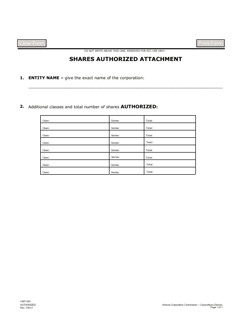 Form C087.002 Shares Authorized Attachment - Arizona