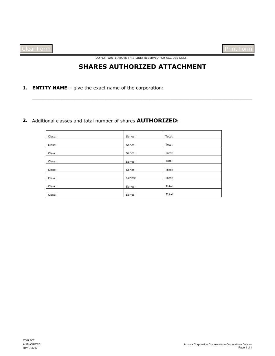 Form C087.002 Shares Authorized Attachment - Arizona, Page 1