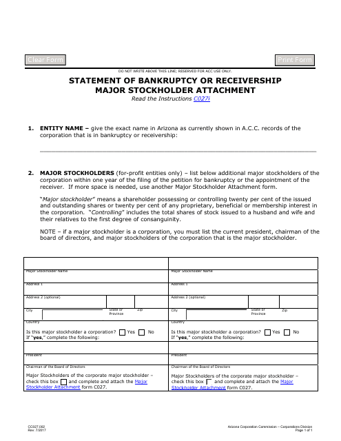 Form C027.002 Statement of Bankruptcy or Receivership Major Stockholder Attachment - Arizona