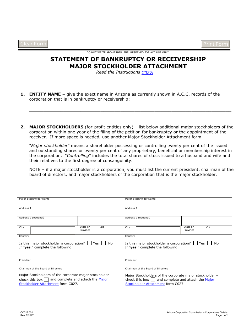 Form C027.002 Statement of Bankruptcy or Receivership Major Stockholder Attachment - Arizona, Page 1