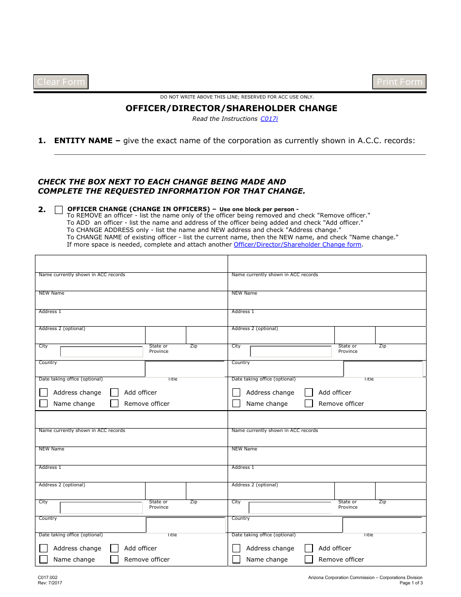 Form C017.002 Officer / Director / Shareholder Change - Arizona, Page 1