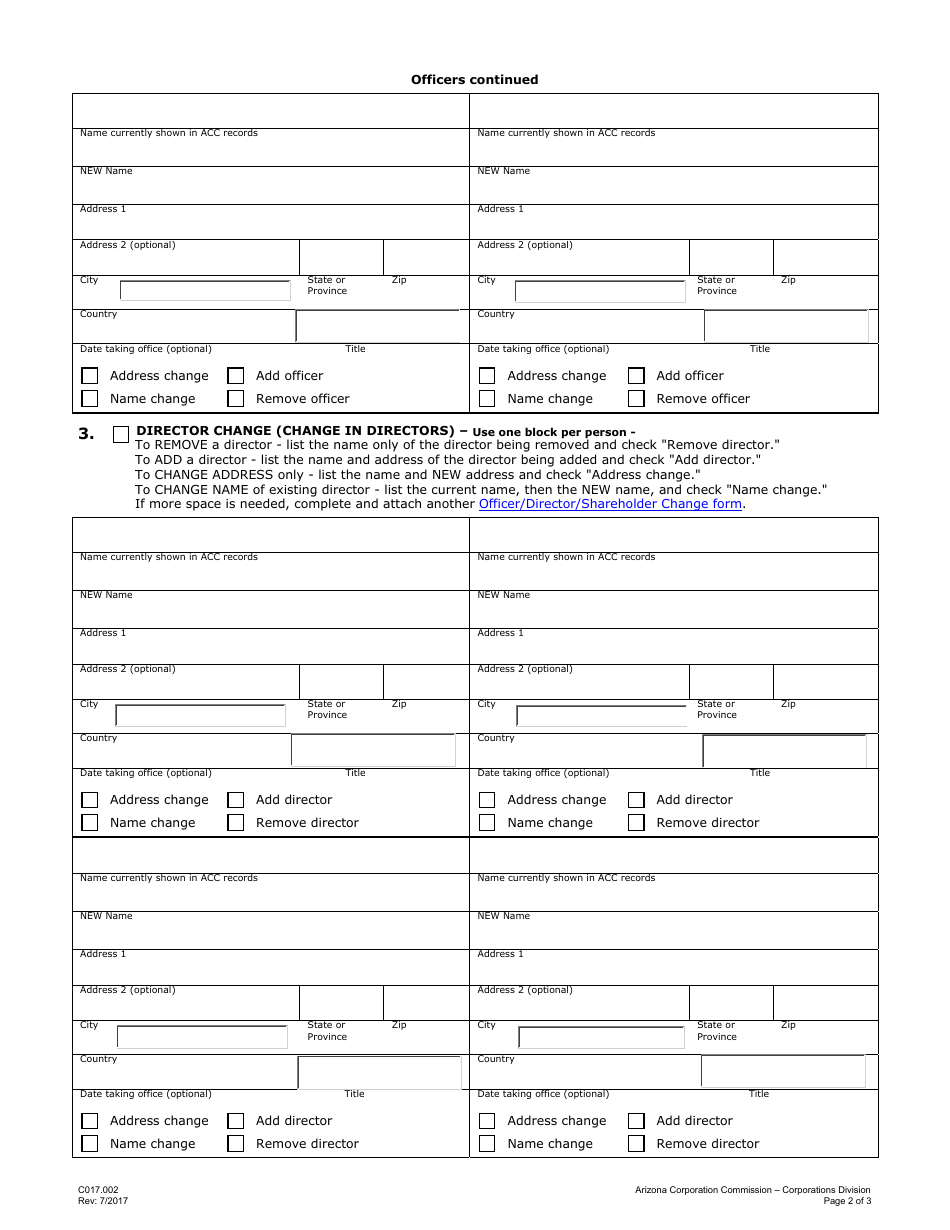 Form C017.002 Officer / Director / Shareholder Change - Arizona, Page 2