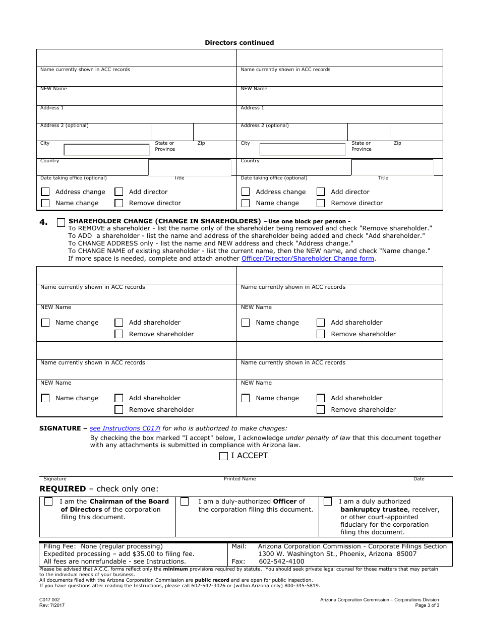 Form C017.002 Officer / Director / Shareholder Change - Arizona, Page 3