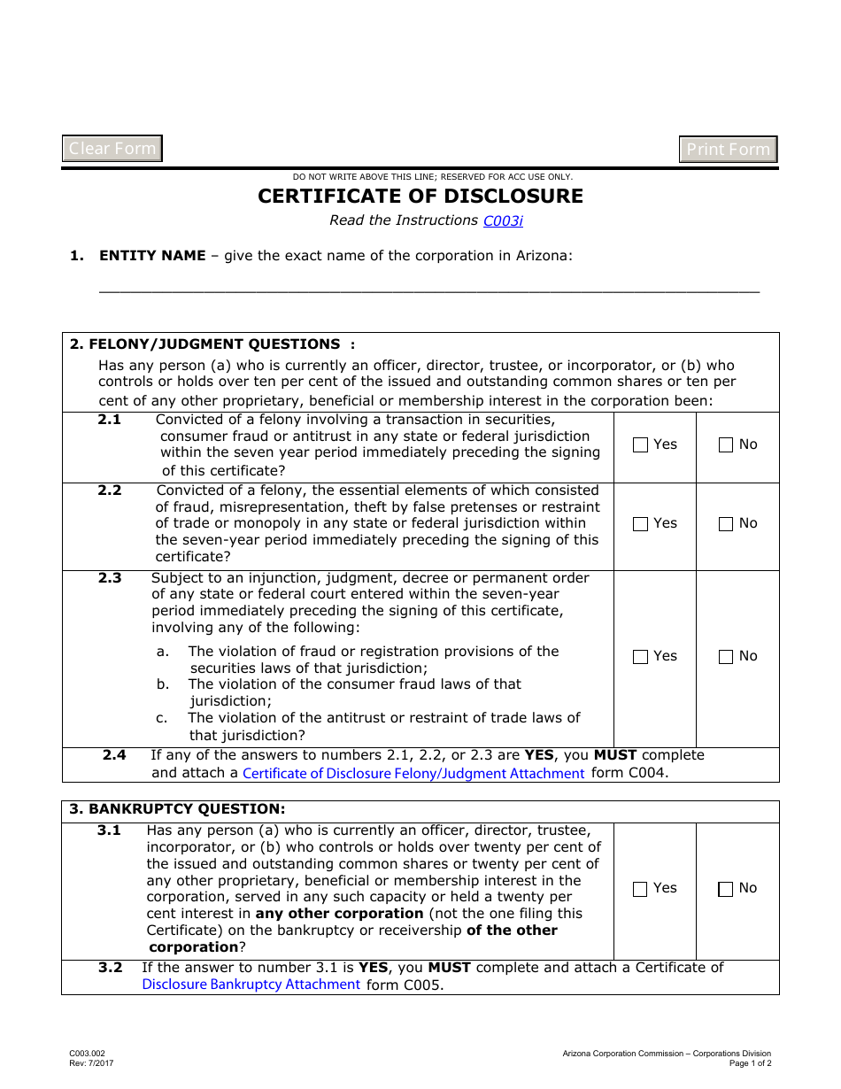 Form C003.002 Certificate of Disclosure - Arizona, Page 1
