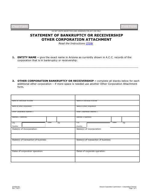 Form CC028.002 Statement of Bankruptcy or Receivership Other Corporation Attachment - Arizona
