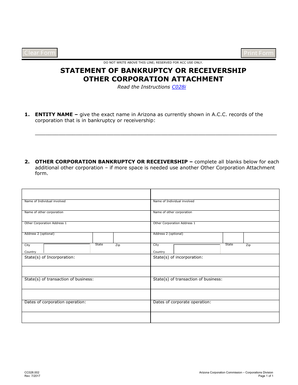 Form CC028.002 Statement of Bankruptcy or Receivership Other Corporation Attachment - Arizona, Page 1