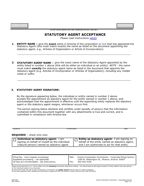 Form M002.003 Statutory Agent Acceptance - Arizona