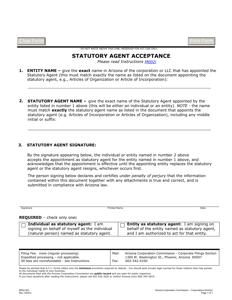 Form M002.003 Statutory Agent Acceptance - Arizona, Page 1
