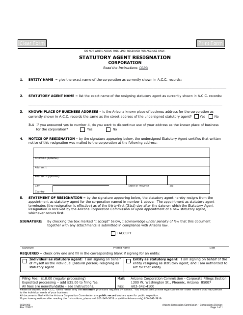 Form C029.002 Statutory Agent Resignation - Corporation - Arizona