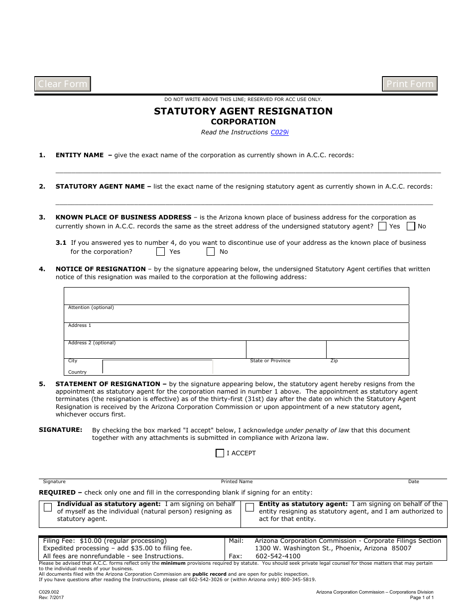 Form C029.002 Statutory Agent Resignation - Corporation - Arizona, Page 1