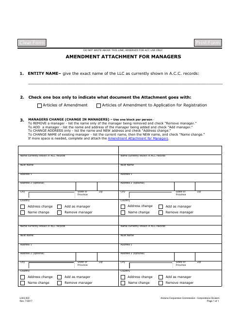 Form L043.002 Amendment Attachment for Managers - Arizona