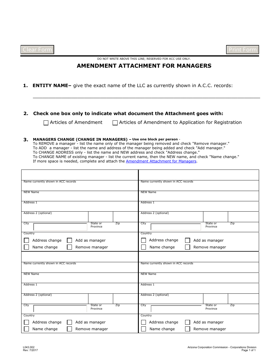 Form L043.002 Amendment Attachment for Managers - Arizona, Page 1