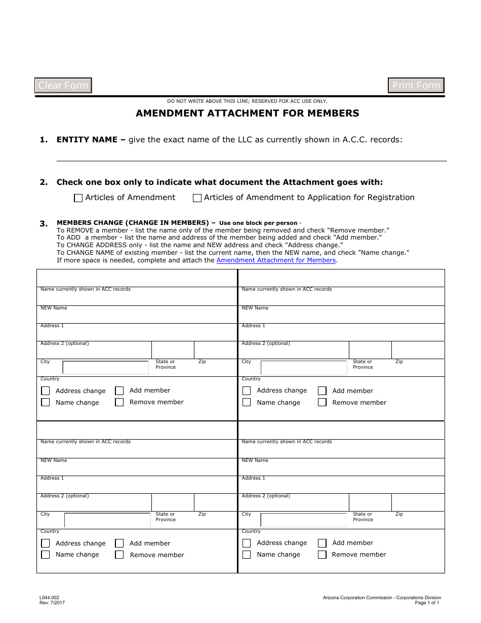Form L044.002 Amendment Attachment for Members - Arizona, Page 1