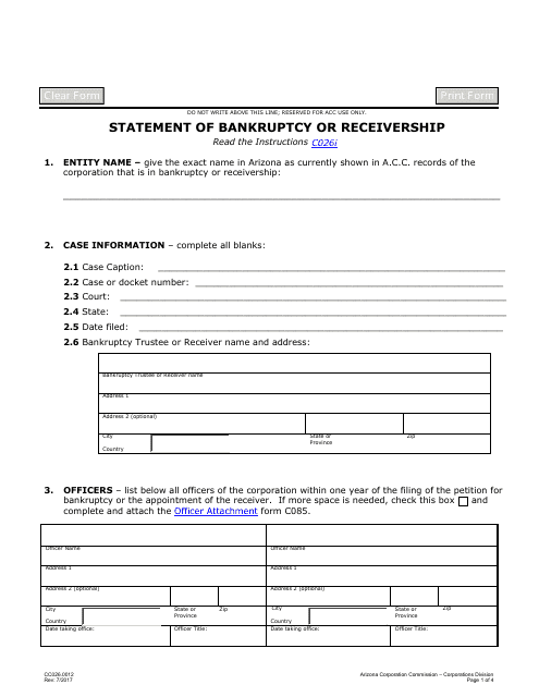 Form CC026.0012 Statement of Bankruptcy or Receivership - Arizona