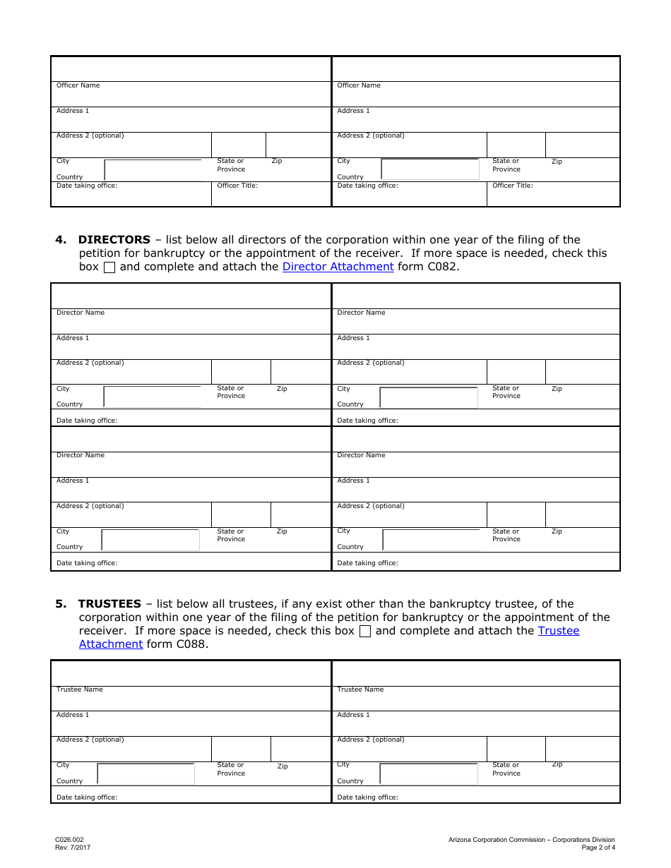 Form CC026.0012 Statement of Bankruptcy or Receivership - Arizona, Page 2