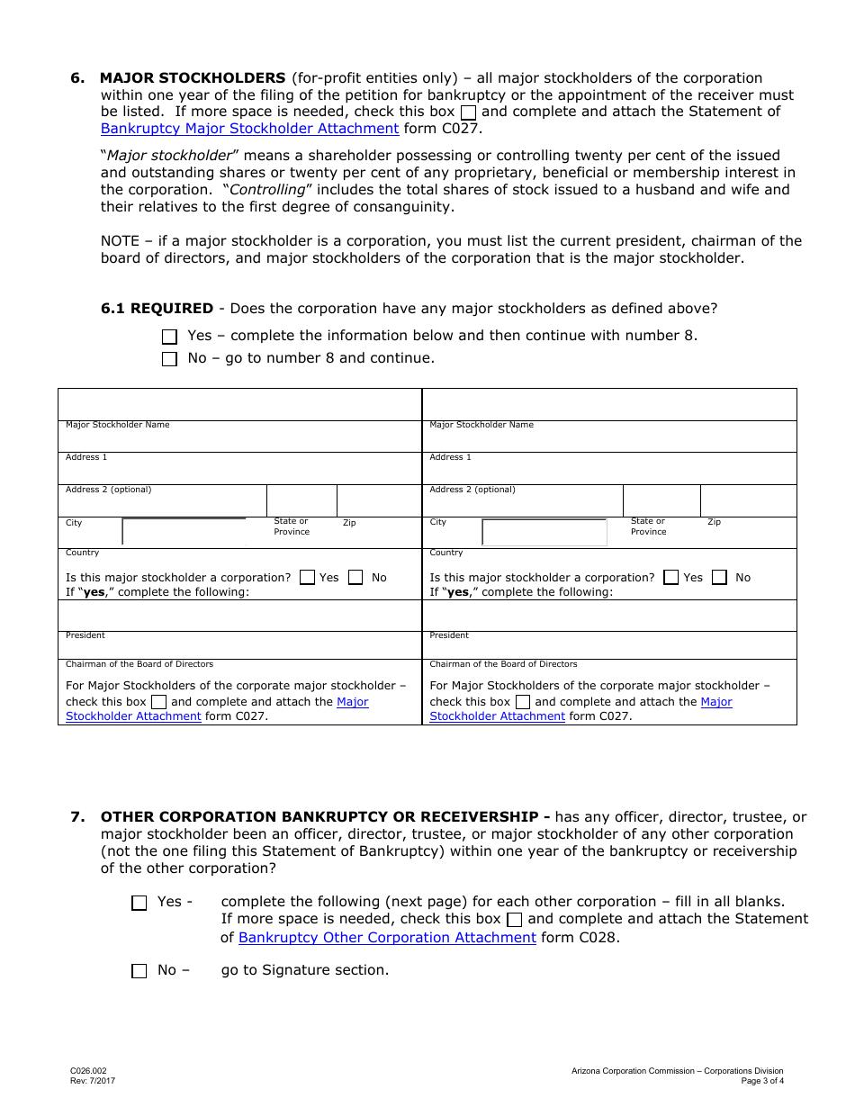 Form CC026.0012 Statement of Bankruptcy or Receivership - Arizona, Page 3