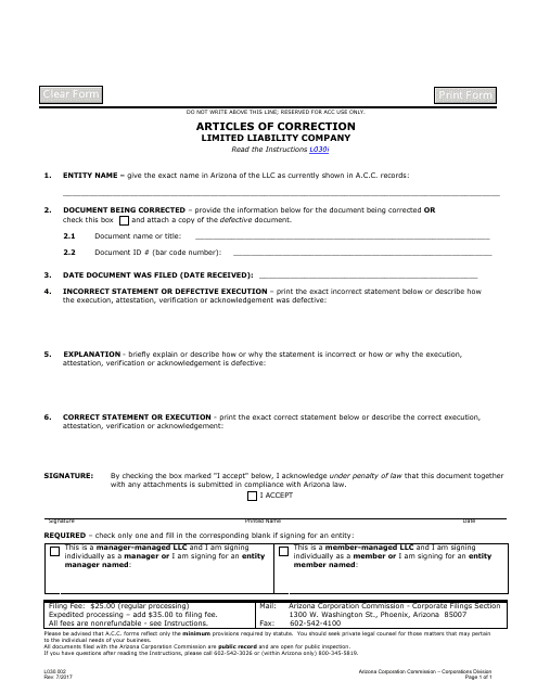 Form L030.002 Articles of Correction - Limited Liability Company - Arizona