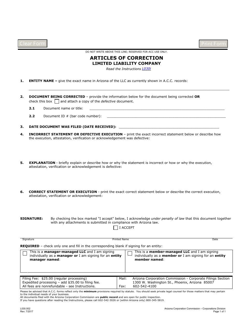 Form L030.002 Articles of Correction - Limited Liability Company - Arizona, Page 1