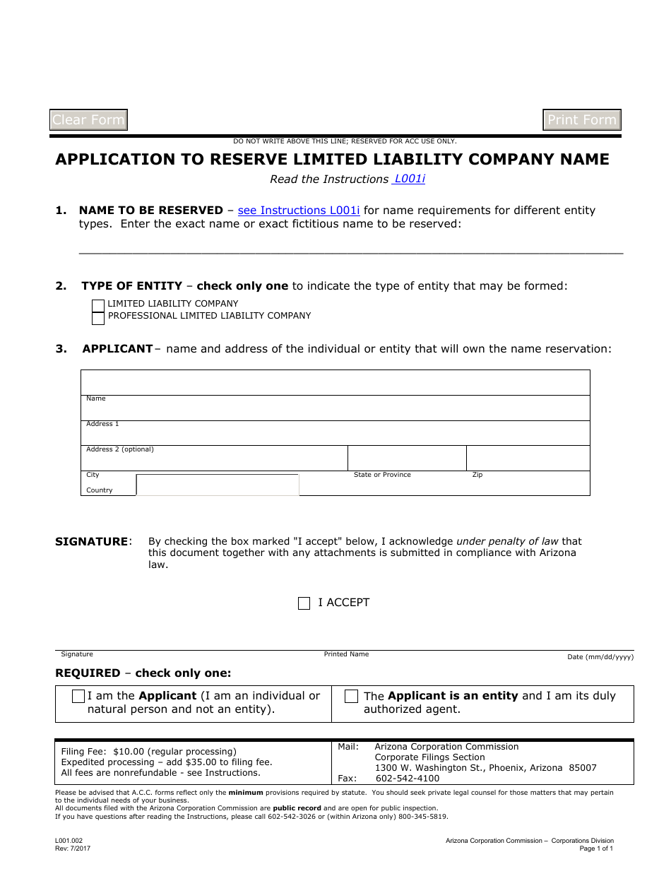 Form L001.002 Application to Reserve Limited Liability Company Name - Arizona, Page 1