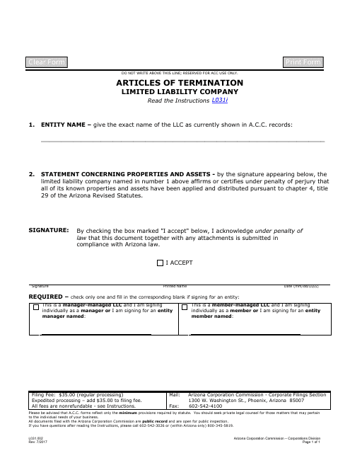 Form L031.002 Articles of Termination - Limited Liability Company - Arizona