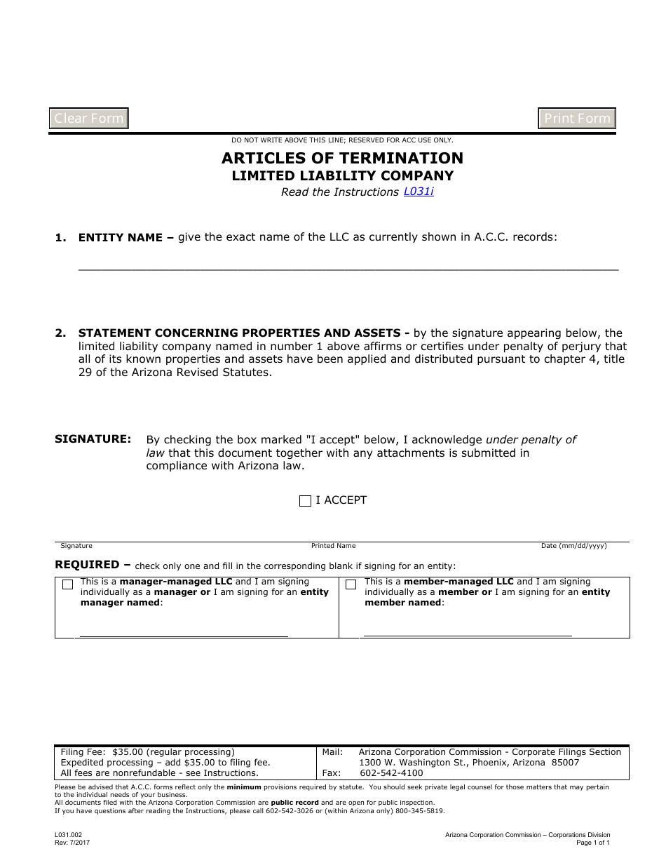 Form L031.002 Articles of Termination - Limited Liability Company - Arizona, Page 1